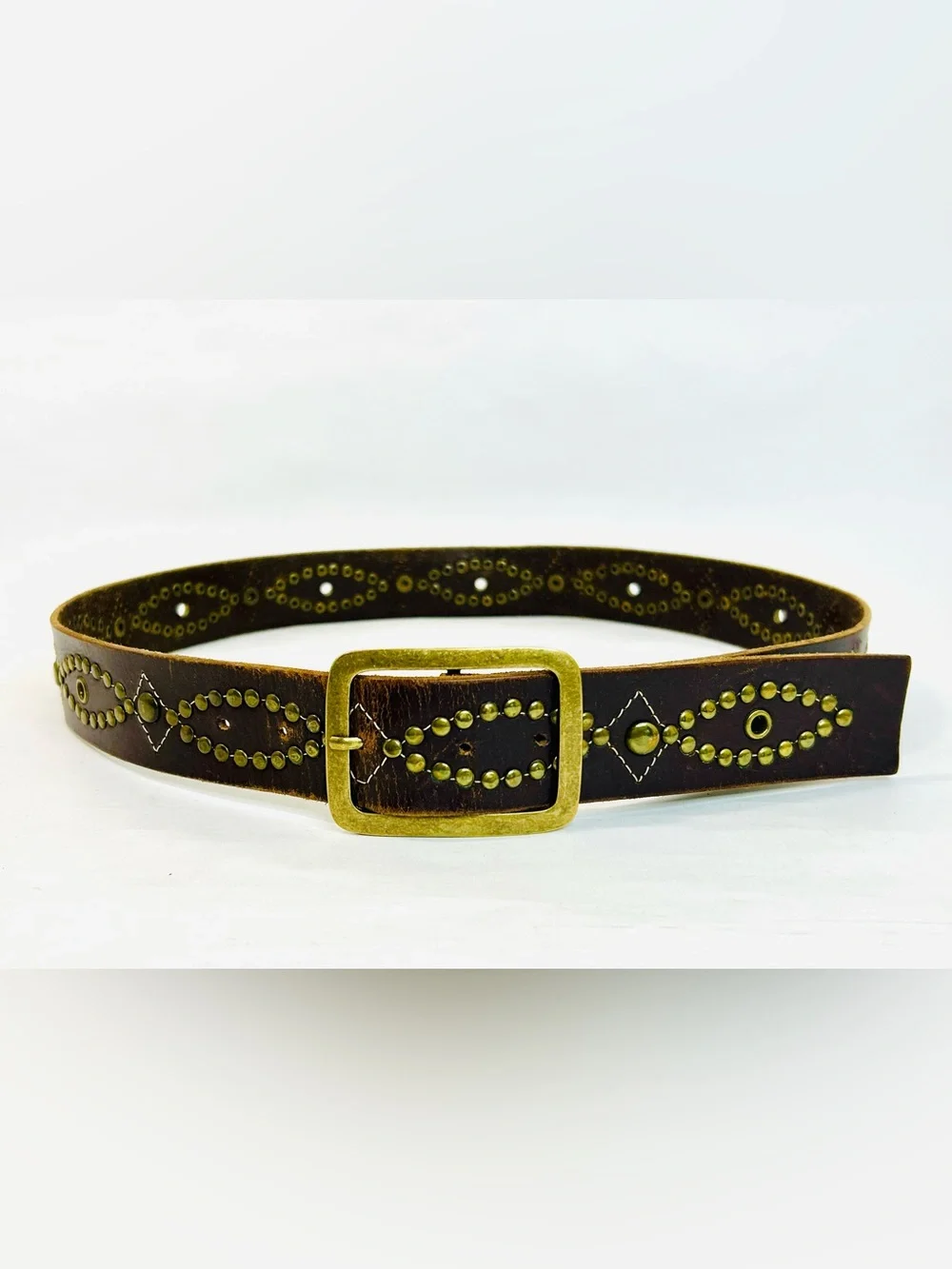 Western Brass Studded Belt, Brown Faux Leather with Studded Design